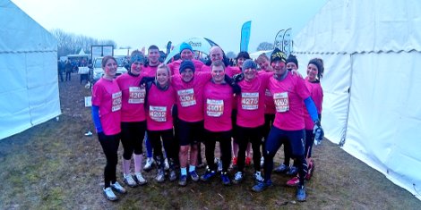 All smiles before the race begins – Cassie Booth (front row, 3rd from left) with other members of the marketing team