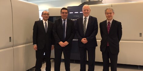 From left to right: Akihito Komori, President, Komori International Europe; Neil Sutton, Group sales director of Komori International Europe; Brian Filler, President, Screen GP Europe; Takanori Kakita, Chairman, Screen GP Europe