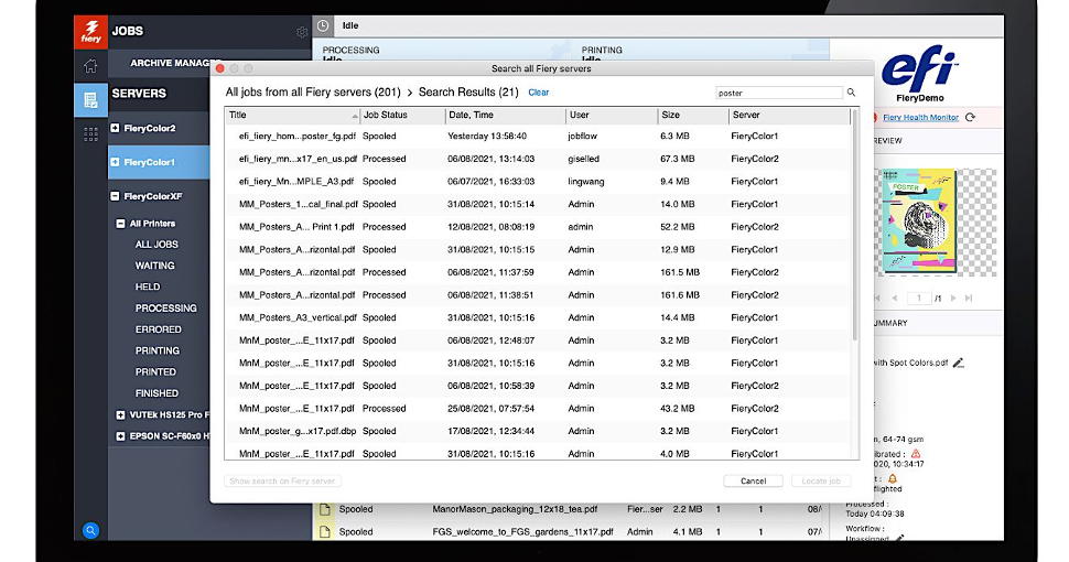 A new search tool in EFI Fiery Command WorkStation gives users the power to search for jobs across all their connected Fiery DFE servers.